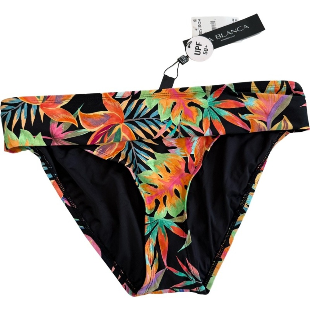 LA BLANCA Tropical Leaf Print Foldover Bikini Bottoms Black Orange Green Size 14 - Picture 1 of 8